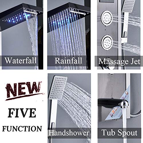 Panel de ducha LED para baño, columna de ducha con pantalla digital, chorro cascada y lluvia, acabado cepillado en negro y níquel miniatura 2