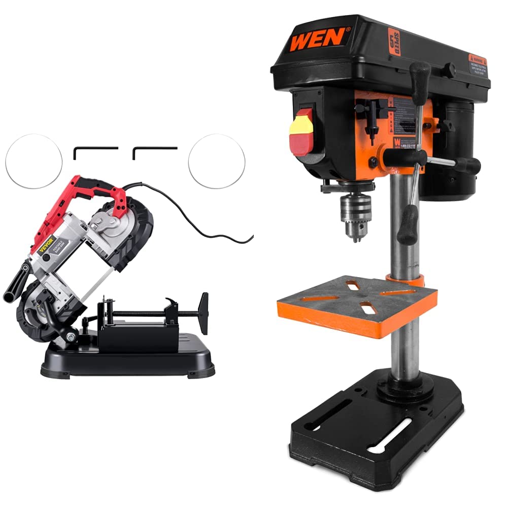 VEVOR Portable Band Saw, 110V Removable Alloy Steel Base Cordless Band Saw, 5 Inch Cutting Capacity Hand held Band Saw & WEN 4208T 2.3-Amp 8-Inch 5-Speed Cast Iron Benchtop Drill Press