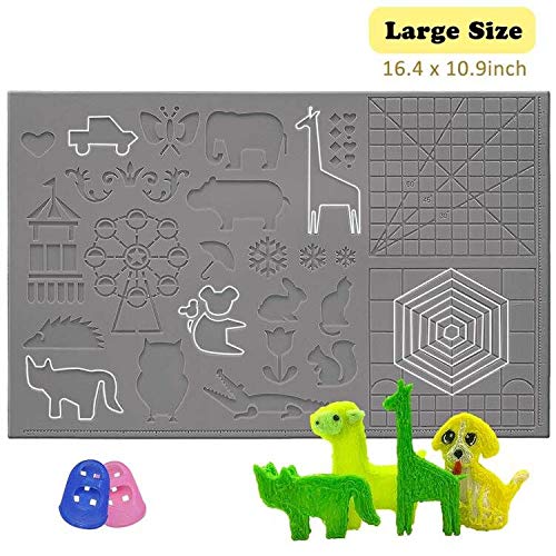 dikale 3D Pen Mat 16.4 x 10.9 inch, Upgraded 3D Printing Pen Silicone Design Mat with Basic and Animal Patterns, Large Silicone Mat with 2 Finger Protectors, 3D Pens Drawing Tools, Gray