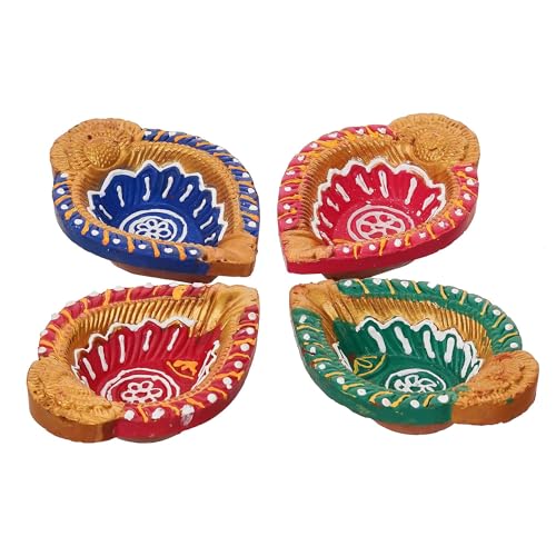 Image of eCraftIndia Set of 4 Multicolor Decorative Clay Diyas Terracotta Deepam Oil Lamps, Mitti Diya for Diwali, Lakshmi Puja, Navratri, Ganesh Chaturthi - Diwali Decoration Items for Home Decor