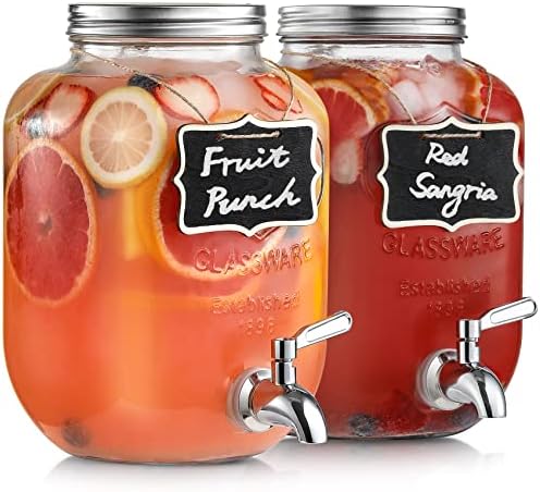 1-Gallon Glass Beverage Dispenser with Stainless Steel Spigot - [2 Pack] Drink Dispensers for Parties - Mason Jar Drinking Dispenser with Lid, Wooden Chalkboard