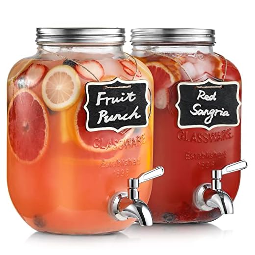 1-Gallon Glass Beverage Dispenser with Stainless Steel Spigot - [2 Pack] Drink Dispensers for Parties - Mason Jar Drinking Dispenser with Lid, Wooden Chalkboard
