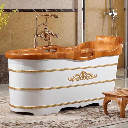 TT-YEC Europäische Luxus -Eiche -Badewanne, Massive Holzbadewanne Im Innenhoch, Eine Tiefe Ovale Holzbadewanne Mit Bank, Abflussventil, Verdickte Tiefe, Eingewichtige Holzbadewanne Kit,L160cm – Bild 5