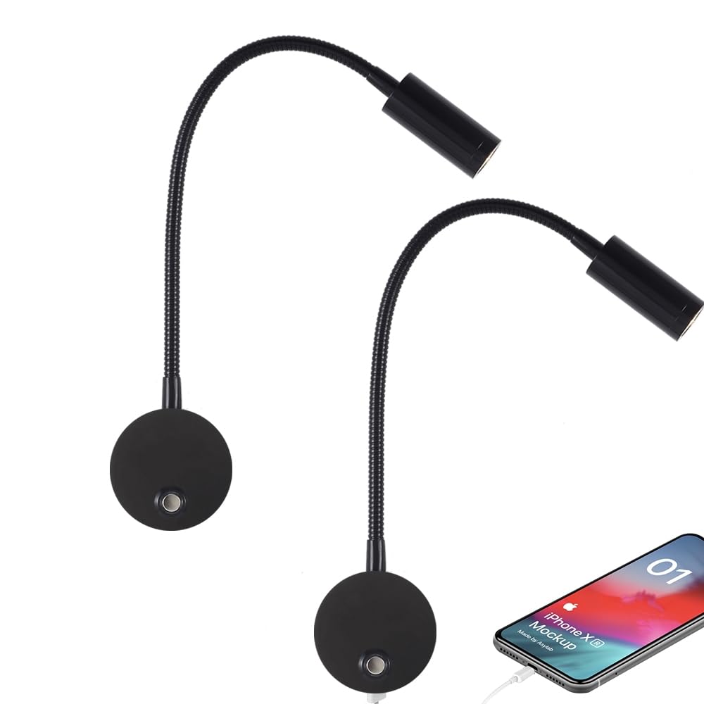 WisHomee Dimmbare RV Leseleuchte mit USB-Ladeanschluss, DC 12V WOHNMOBIL Innenleuchten, Flexible LED-Leuchten, entwickelt für Auto, Van, Boot und Wohnmobil, 2 Packungen