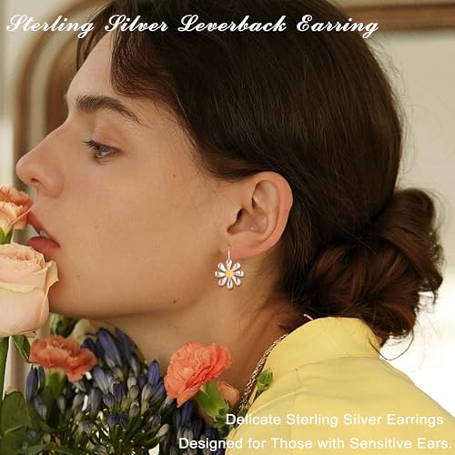 MILACOLATO 925 Sterling Silver Daisy Earrings 18K White Gold Plated Leverback Earrings Daisy Flower Drop Dangle Earrings Hypoallergenic Flower Jewelry Gifts for Women for Sensitive Ears4