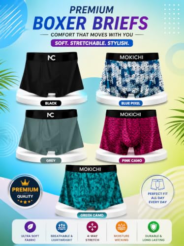Image of Men's Boxer Briefs for Men, Stretchable Trunks Underwear, Soft Comfortable Fit, Breathable Mid-Rise Boxer Shorts, Assorted Solid & Printed Designs, Pack of 5