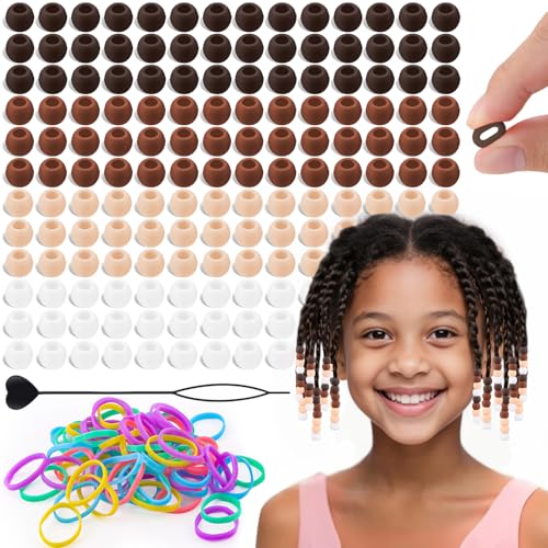 160Pcs 10mm Small Silicone Beads for Hair Braids Soft Jellyish Pony Hair Beads with 5mm Hole + 50 Rubber Bands and 1 Beader for Braiding DIY Bracelets Necklaces Crafts (Dark Brown)