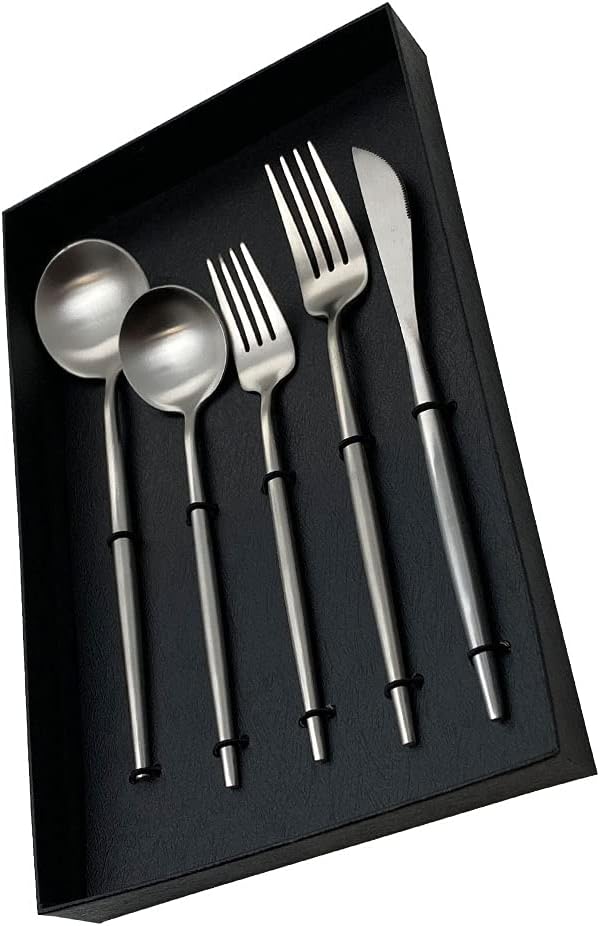 DragonFruitee 5-Piece Flatware Set, Matte Silver Finish, Premium Stainless Steel Luxury Tableware Cutlery Set for Home and Restaurant, Dishwasher-able