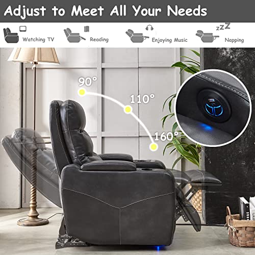 Comfort Stretch Faux Leather Electric Power Recliner Chair With Led Lights, Hidden Arm Storage, Cup Holder & Usb Charging Port, Recline Single Sofa Chair For Living Room With Swivel Tray Table - Grey #TOP2