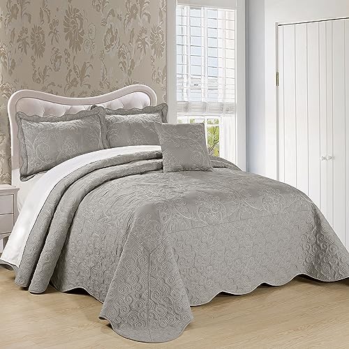 Home Soft Things Damask 4 Piece Bedspread Set, Scalloped Edge Reversible Coverlet Comforter Prewashed Bedding Set, Matelasse Embossed Floral Solid Pattern, Ash Grey, King (102
