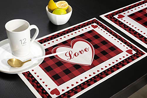 Greeeen Romantic Valentine's Day Placemats Set Of 4 Hot Love Sweet Heart Red Buffalo Check Plaid Heat Resistant Place Mat For Dining Table Washable Burlap Cotton Table Mats #TOP4