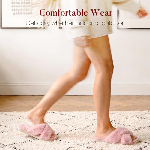 Image of Ankis Women's Fuzzy Slippers Cross Band Memory Foam Open Toe Comfy Soft House Shoes Anti-Slip Indoor Outdoor Gifts for Women