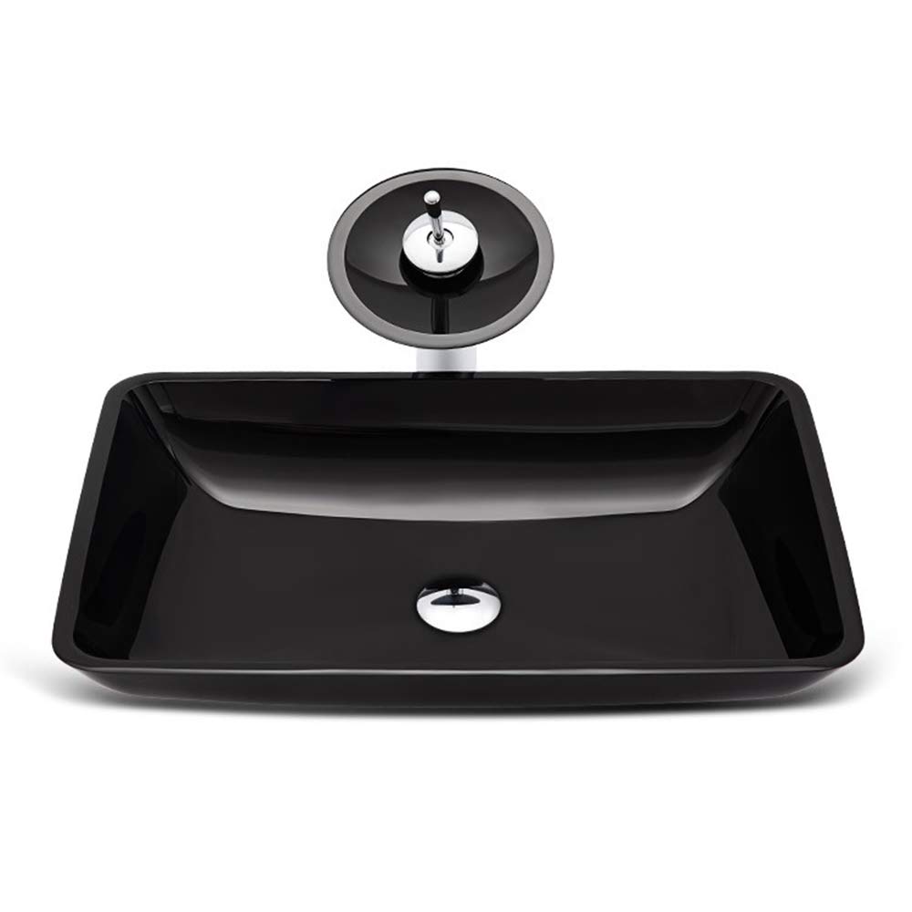 WOTZOV Glass Vessel Sink Bathroom Sink Vanity Rectangular Round Boat Shape Sink With Waterfall Faucet Combo,Black,A,Black A