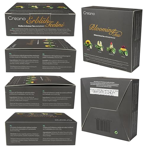 Creano 4 Teeblumen in edler Geschenkbox - Teelini weißer & grüner Tee im Tassenformat