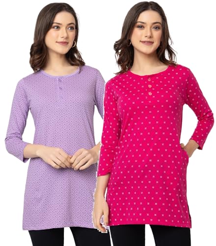 Image of Women Regular Fit Henley All Over Print T-Shirt (Combo of 2) | Small-5XL