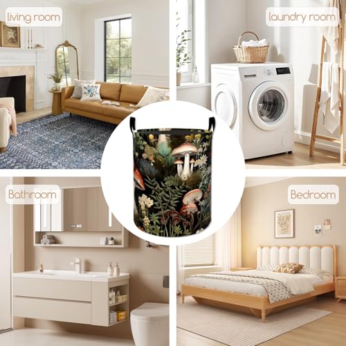 Image of Forest Mushroom Laundry Basket, Flower Design Foldable Oxford Cloth, Waterproof Dirty Clothes Hamper with Handles, Clothing Storage Bucket Toy Organizer for Bathroom Bedroom Dorm, 19.7 inchx15.7 inch