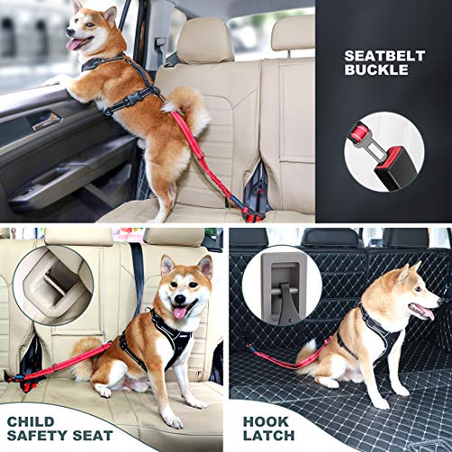Image of IOKHEIRA Dog Seat Belt 3-in-1 Car Harness for Pets Adjustable Safety Seatbelt Nylon Reflective Bungee Fabric Dog Car Harness with Clip Hook Latch & Buckle, Swivel Zinc Alloy Carabiner Red
