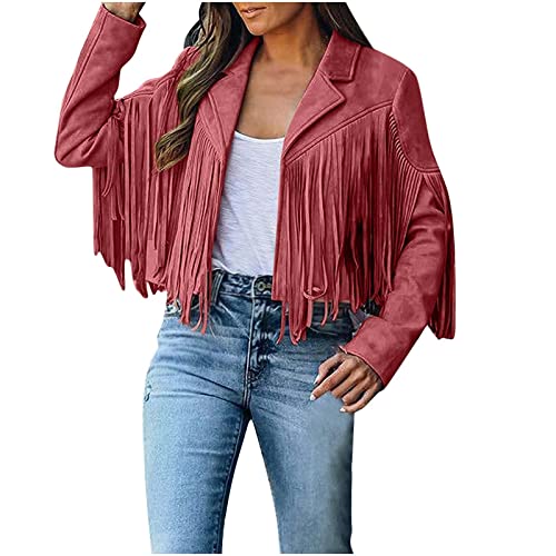Women Fringe Jacket Western Faux Suede Leather Cropped Moto Jacket Tassel Cowgirl Concert Outfit Country Style Coat