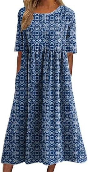 Womens Plus Size Boho Floral Printed Midi Dress Casual Loose Summer Short Sleeve Beach Dress with Pockets