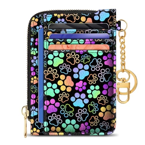 Image of GIANCOMICS Slim Wallet Credit Card Holder Women, Puppy Dog Paw Rfid Blocking Small Card Case, Keychain Thin Pocket Curved Zipper Wallet, Travel Card Holder PU Leather ID Window, Ladies Female Gifts