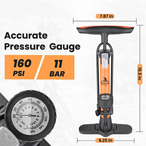 Bike Floor Pump with Gauge: Bicycle Tire Pump Inflator with High Pressure 160 PSI,Fits Schrader and Presta Valve,Air Pump for Bike Tires MTB Sports Balls-Orange - Thumbnail 3