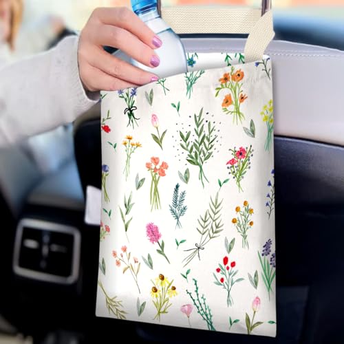 Image of IRADA Car Trash Bag Hanging No Snap Small Garbage Bag for Car Back Seat Cute Printed One-Handed Strap Trash Bags Car Accessories-Wildflowers-White Car Trash Bags
