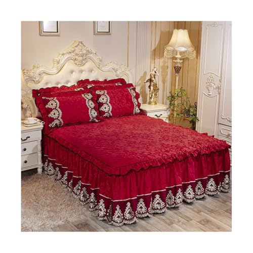 Engrosamiento De Lujo 3 Piezas Colchas Terciopelo De La Cama Franela Con FaldóN Volantes Cubrecamas Sábana Longitud De Caída De 17.7' Cama Falda Diseño De Banda Elástica(Rosso,Super/Ck King-200*220)