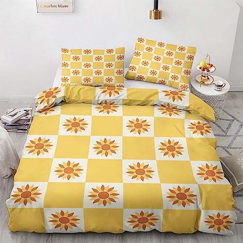 Generisch Bettwäsche 140x200 Kariert - Gelbe Blumen Bettbezug 140x200 3 Teilig, Weiche & Angenehme Mikrofaser Bettbezüge & 2 Kissenbezug 70x90,...