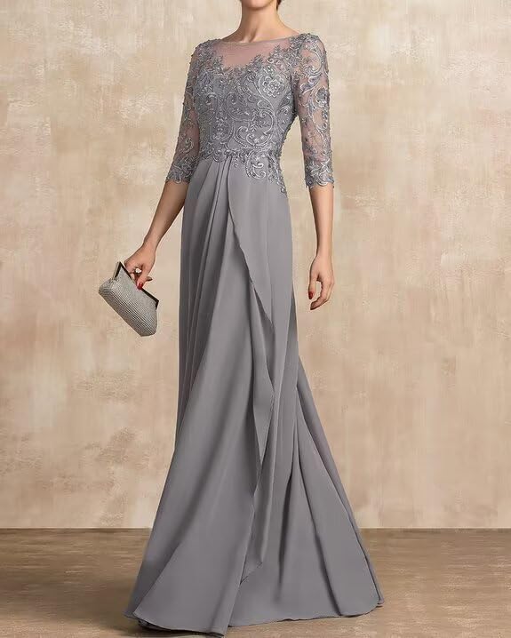 Mother of The Bride Dress 3/4 Sleeve Chiffon Laces Appliques Ruched Formal Evening Gowns - Image 5