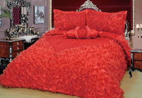 Colcha Juego Gelincik Deluxe Red de 250x260 cm cubrecama elegante de 4 piezas para dormitorio matrimonio 2