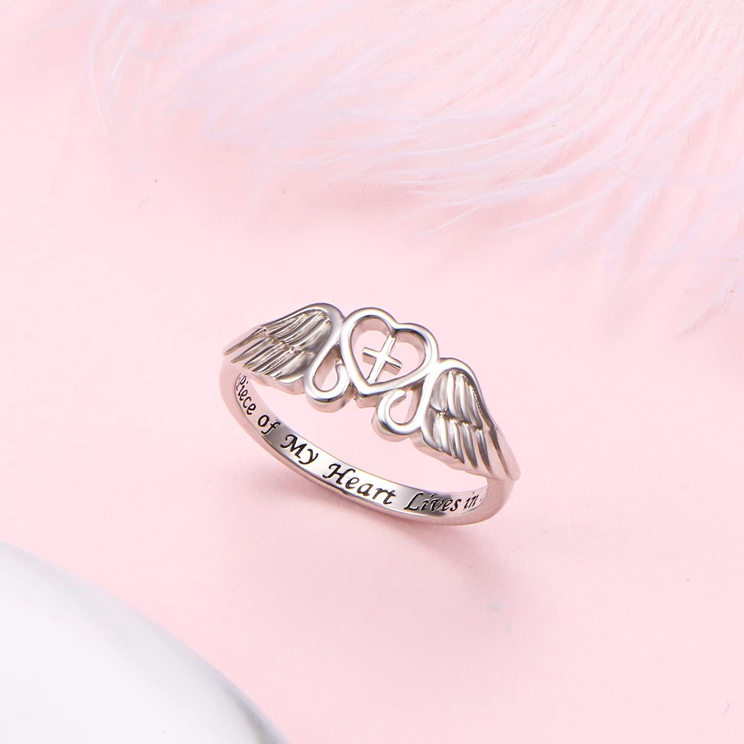 FLYOW S925 Sterling Silver A Piece of My Heart Lives in Heaven Angel Wing Ring for Women Jewelry Memory of Mom Dad Grandma Grandpa Daughter Son Loss Memorial Gift