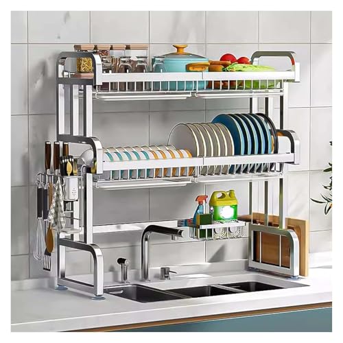 Scolapiatti estensibile in acciaio inox sopra il lavello, 2 ripiani, salvaspazio, con supporto in silicone, per cucina (83 x 28 x 83 cm)