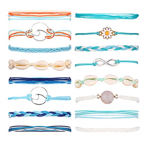 16 Pieces Wave Rope Bracelet Set Handmade Waterproof Wax Coated Adjustable Woven Shell Strand Bracelet for Women
