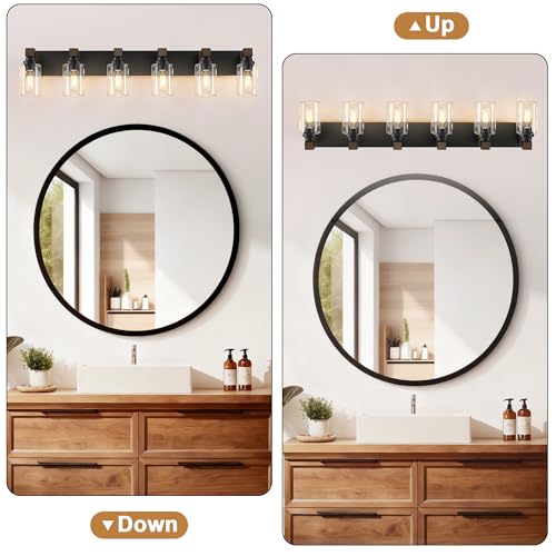 Image of Farmhouse Bathroom Vanity Light Fixtures, Rustic 6-Light Wood Vanity Lights for Bathroom, Vintage Black Wall Sconces Lighting, Light fixtures Over Mirror, with Glass Shade