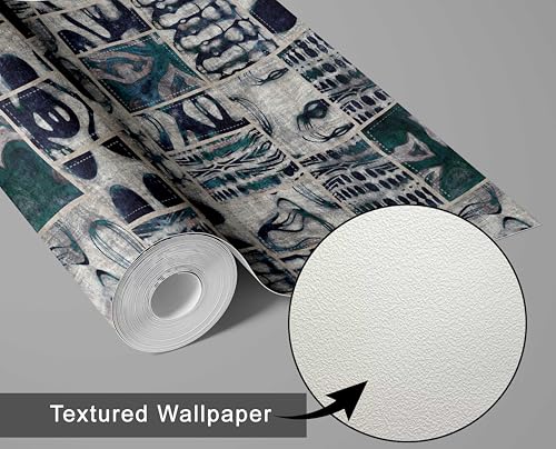 Papier peint patchwork abstrait moderne bleu pour masquer un mur abîmé et décorer le salon