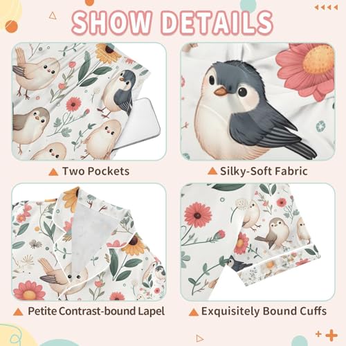 senya Cute Birds and Flowers B Satin Summer Pajama Sets Silk Short Sleeve Button Down Sleepwear3