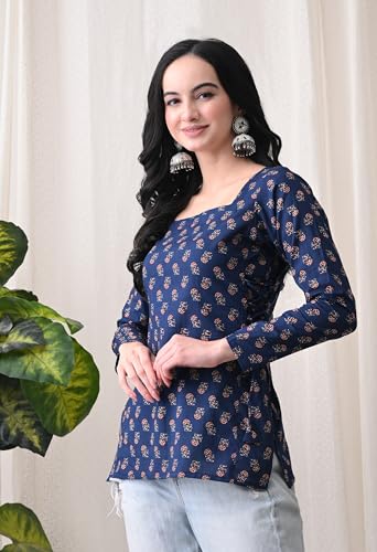 Image of MEERA FAB Women's Floral Printed Cotton Short Kurta Square Neck | Floral Printed Kurta with Full Sleeves | Short Kurti for Women