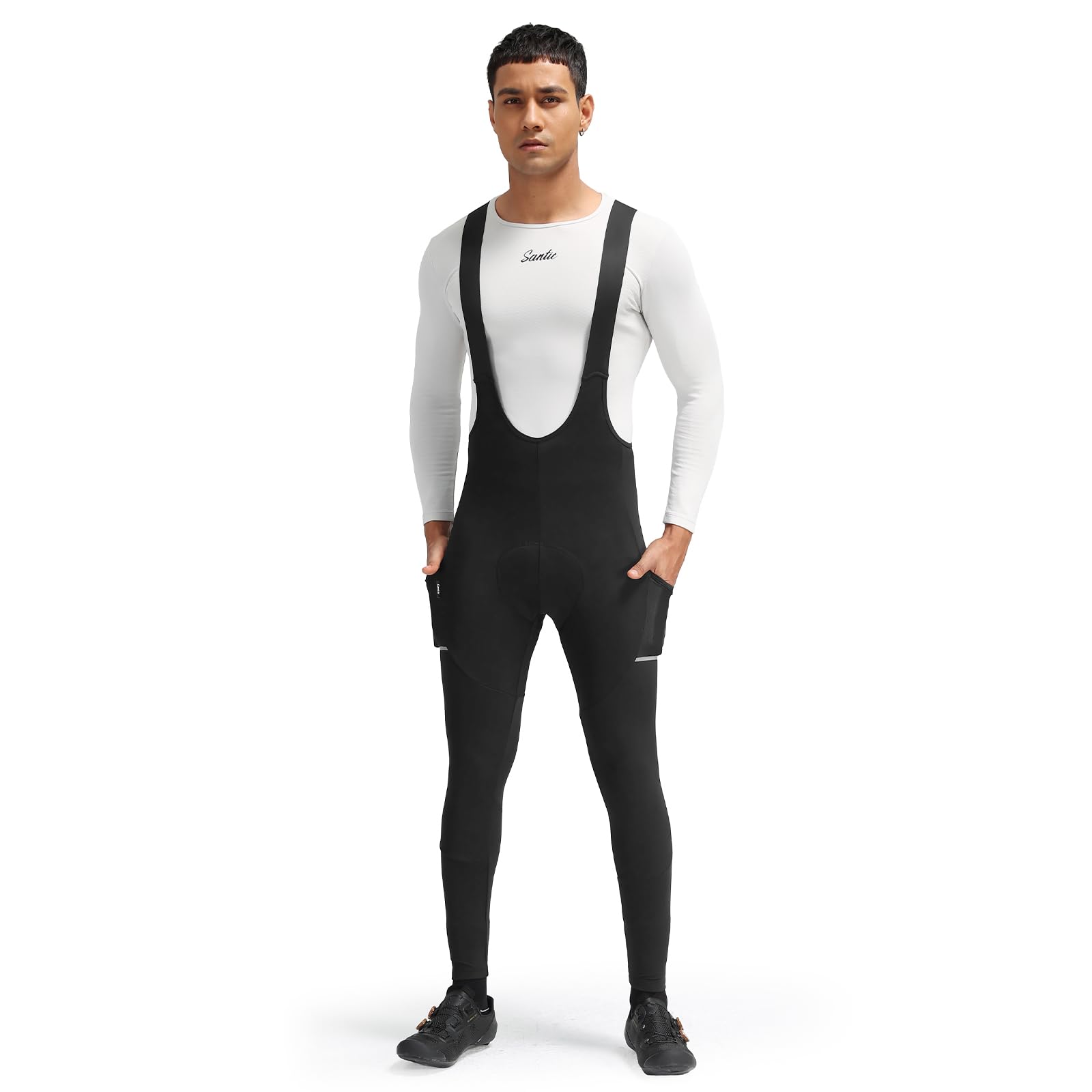 Santic Pantalones de ciclismo para hombre, térmicos, de alta elasticidad, largos, acolchados, con bolsillo lateral de malla