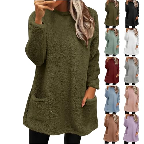 Fleece Pullover Women,Fleece Sweatshirts for Women Trendy Winter Warm Plus Size Sherpa Lined Fuzzy Cozy Green Crewneck Long Sleeve Pullover Sweater Tunic Tops with Pockets Loungewear,M