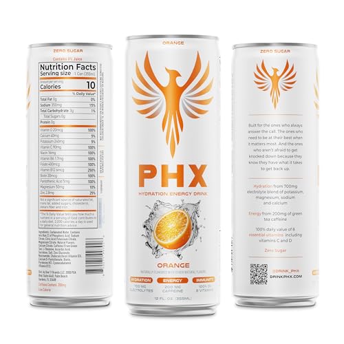 Image of PHX Hydration Energy Drink - 700mg Electrolytes, 200mg Natural Green Tea Caffeine, 100% Daily Value 8 Essential Vitamins - 12 oz Cans (12 Pack, Orange)