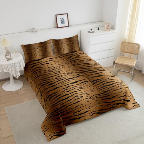 Image of Feelyou Black Brown Comforter Set Tiger Skin Bedding Set Toddler Size for Kids Adult Leopard Print Comforter Wild Animal Stripes Print Duvet Set Safari Cat Printed Room Decor 2Pcs Quilt Boys