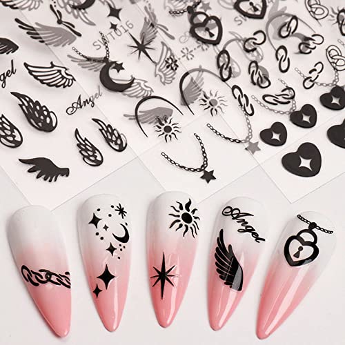 Bronzing Gold Silver Nail Stickers,3D Sun Moon Star Nail Art Stickers Metal Chain Heart Lock Necklace Angel Wings Nail Decals Self-Adhsive Nail Decal Stickers For Nails Women Nail Supplies, 9Pcs/Set #TOP6