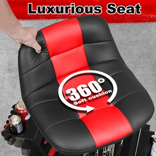 Image of Rolling Stool with Wheels, Adjustable Height Pneumatic Garage Work Mechanic Stool Seat with Backrest, 400 LBS Capacity 360 Swivel Mechanic Crepper Chair with Tool Tray Storage, Red