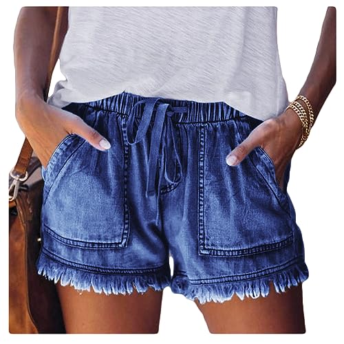Denim Shorts Women Elastic Waist Drawstring Casual High Waisted
