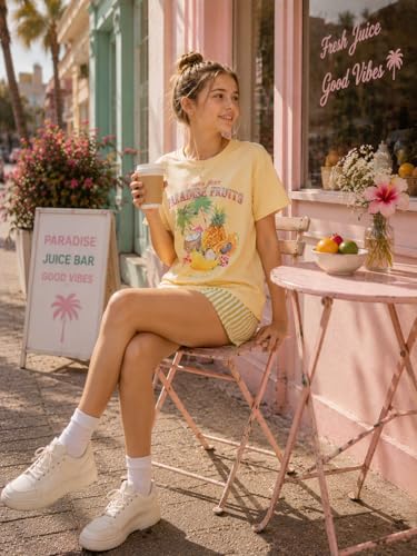 Image of Teen Girls Clothes 2 Piece Graphic T Shirt & Striped Shorts Outfit Set Summer Back to School Clothes Size 7-14