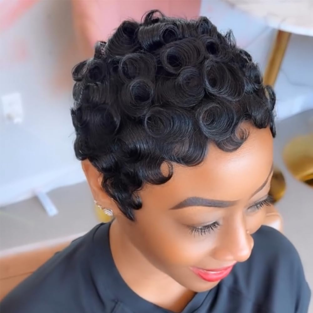 Short Layered Pixie Cut Wig Human Hair Wear and Go Glueless Curly Human Hair Wigs With Bangs for Women Full Machine Made None Lace Front Wigs Human Hair Natural Black Color 4 Inch Natural Color