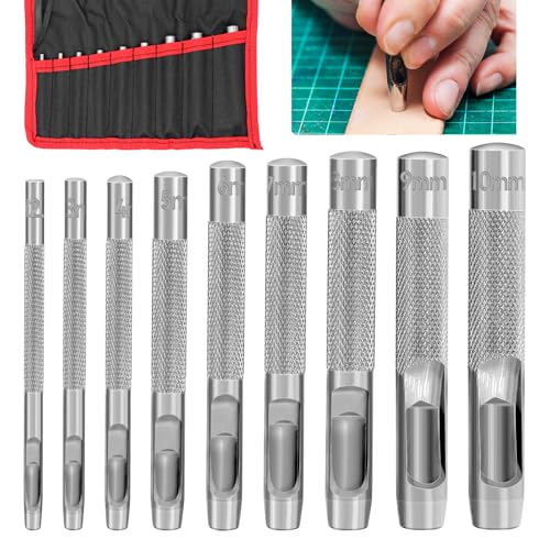 NVGFTG 9 Stück Locheisen Set Runde Lochstanzer Leder Stahllocheisen Hohl Locher 2,5-10 mm Stanzwerkzeug Set Hohl Punch Set, für Leder Uhrenarmband Dichtung Gürtel Schuh Stoff Leinwand Kleidung