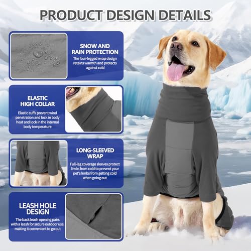 Image of BRKURLEG Full Body Dog Winter Coat Warm Fleece Pullover Pajamas, Four Legs Covered Windproof Dog Jacket for Small to Large Dogs, Turtleneck Dogs Snowsuit, Pet Cold Weather Clothes, Grey XL