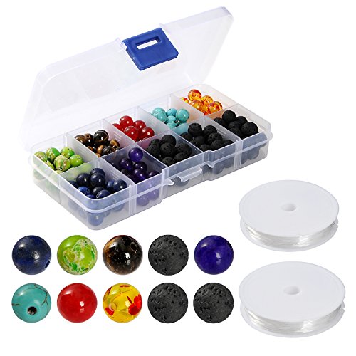 YUEAON 200pcs 8mm Colorful Natural Chakra Beads and Black Lava Rock Stone Essential Oil Diffuser Bead for Jewelry Making Bracelet Necklace Pendant DIY(2 Rolls Elastic Cord+Container Box Include)