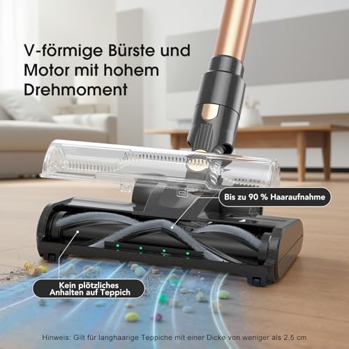 Lubluelu Akku Staubsauger Kabellos, 450W Motor & 45kPa Saugleistung, Leichter & Leiser Akku-Standstaubsauger mit LED-Anzeige, Ideal für Tierhaare, Teppiche, Hartböden & Auto, Gold – Bild 3